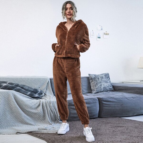 

Zip Up Teddy Hoodie With Sweatpants, Coffee brown