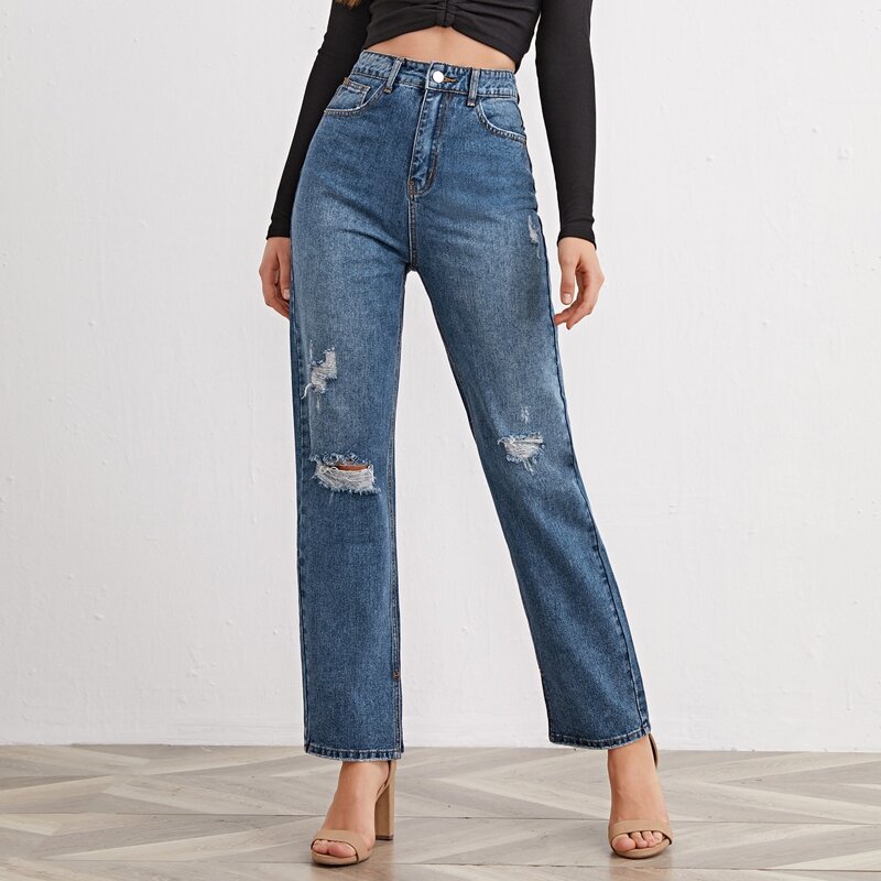 

High Waist Ripped Straight Leg Jeans, Medium wash