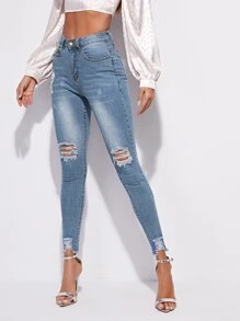 SHEIN Essnce Medium Stretch Raw Hem Ripped Skinny Jeans - Light Wash - View 3