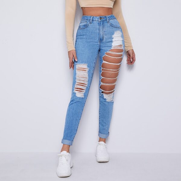 

High Waist Roll Hem Ripped Skinny Jeans, Light wash