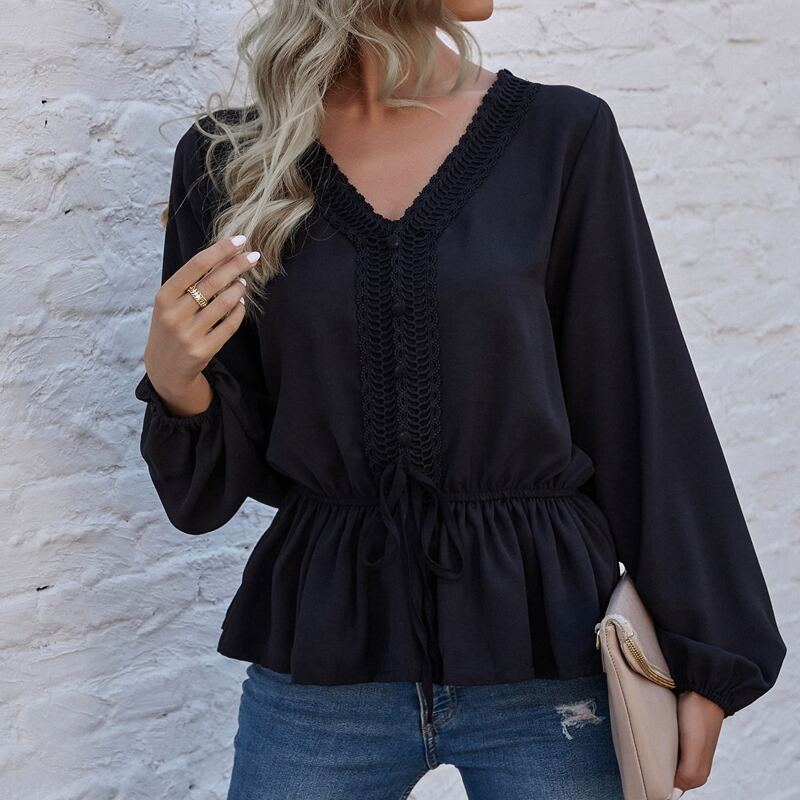 

V-neck Lace Panel Peplum Top, Black