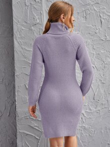Rolled Neck Raglan Sleeve Split Side Sweater Dress - Lilac Purple - View 2