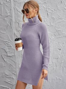 Rolled Neck Raglan Sleeve Split Side Sweater Dress - Lilac Purple - View 3