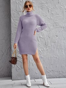 Rolled Neck Raglan Sleeve Split Side Sweater Dress - Lilac Purple - View 4