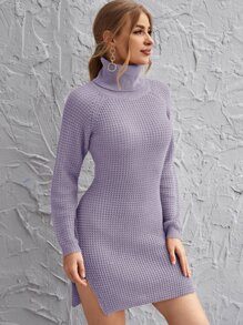 Rolled Neck Raglan Sleeve Split Side Sweater Dress - Lilac Purple - View 5