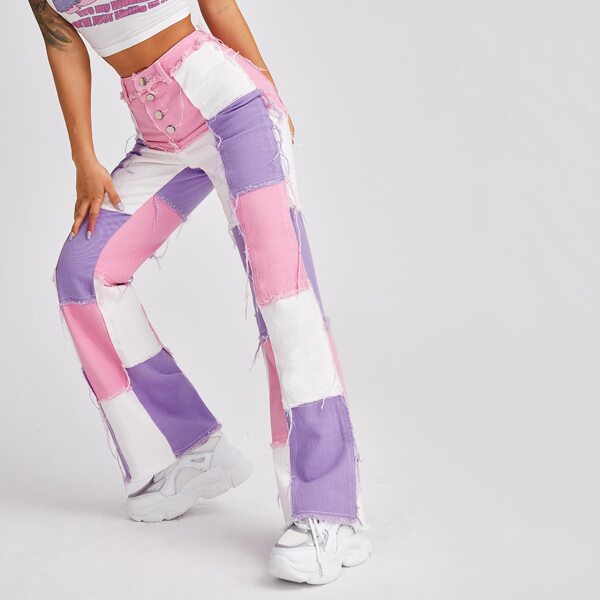 

High Waist Button Fly Spliced Jeans, Multicolor
