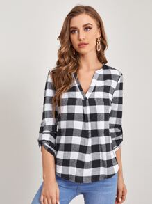 EMERY ROSE Notched Neck Roll Tab Sleeve  Buffalo Plaid Top - Black and White - View 3