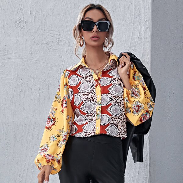 

Button Front Lantern Sleeve Leopard & Floral Print Top, Multicolor