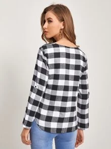EMERY ROSE Notched Neck Roll Tab Sleeve  Buffalo Plaid Top - Black and White - View 2