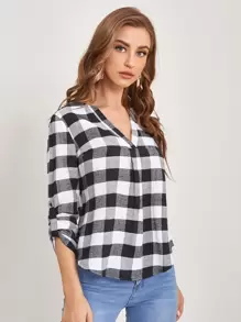 EMERY ROSE Notched Neck Roll Tab Sleeve  Buffalo Plaid Top - Black and White - View 1