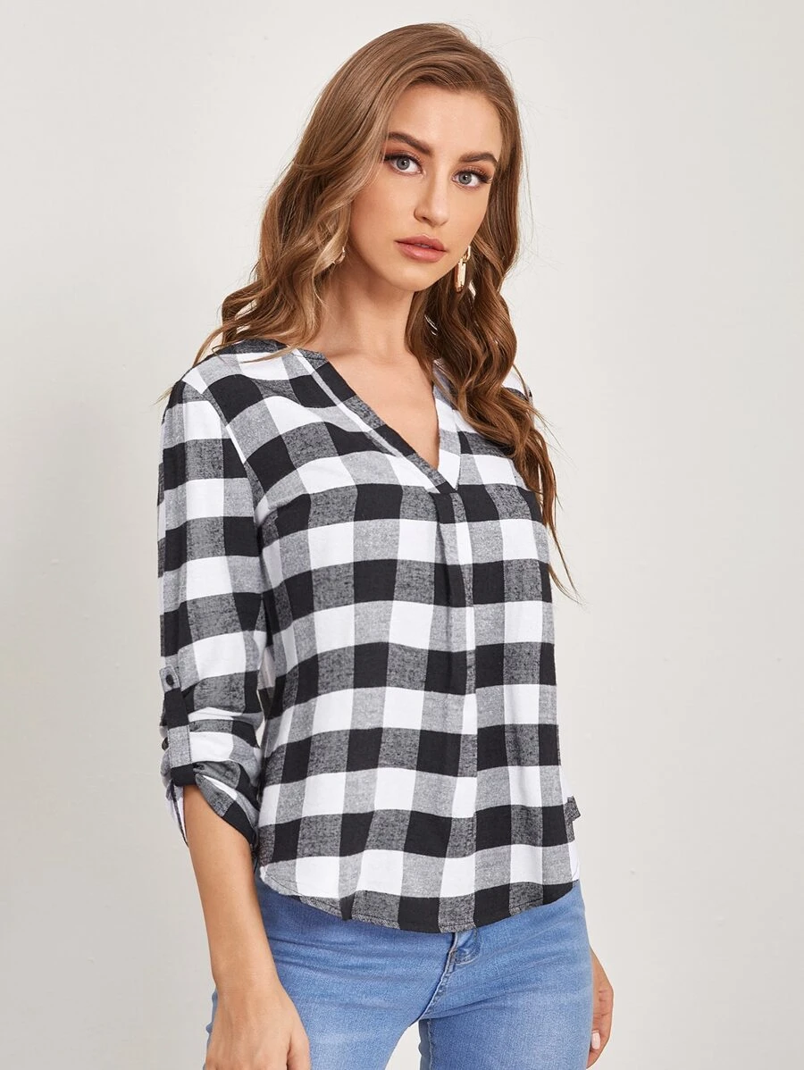 EMERY ROSE Notched Neck Roll Tab Sleeve  Buffalo Plaid Top - Black and White - View 1