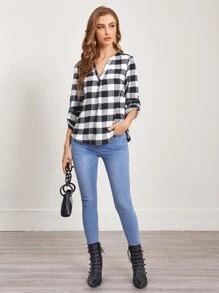 EMERY ROSE Notched Neck Roll Tab Sleeve  Buffalo Plaid Top - Black and White - View 5