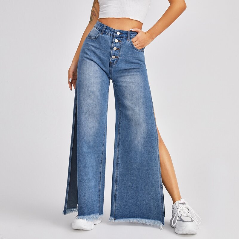 

High Waist Button Fly Split Side Jeans, Light wash