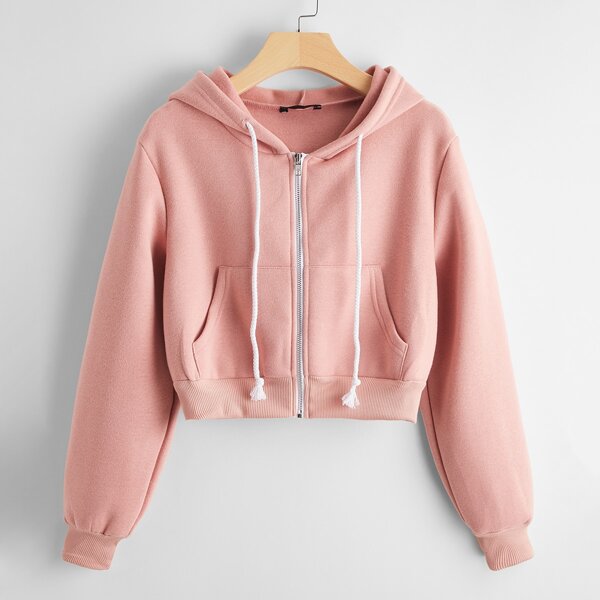 

Kangaroo Pocket Zip Up Drawstring Thermal Hoodie, Pastel baby pink