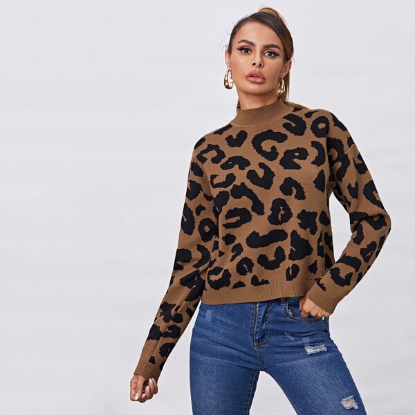

Mock-neck Drop Shoulder Leopard Sweater, Multicolor