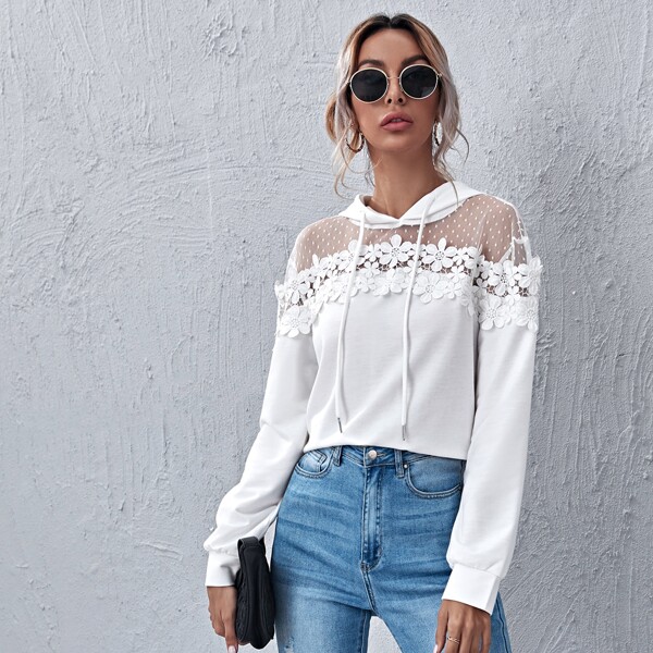 

Lace Appliques Mesh Yoke Drawstring Hoodie, White