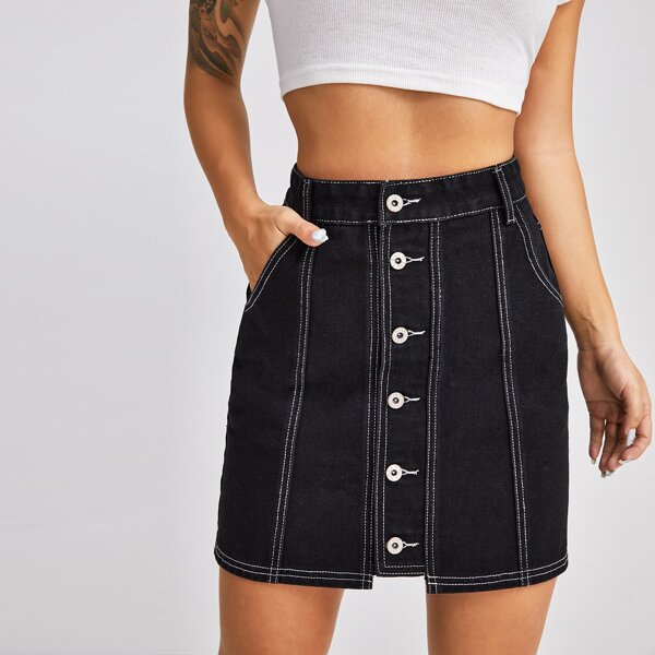 

Button Front Slant Pocket Denim Skirt, Black