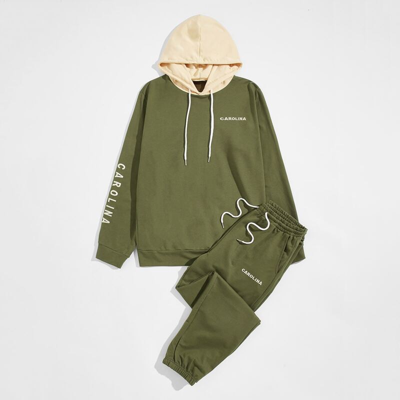 

Guys Letter Embroidered Contrast Hooded Pullover and Joggers Set, Army green