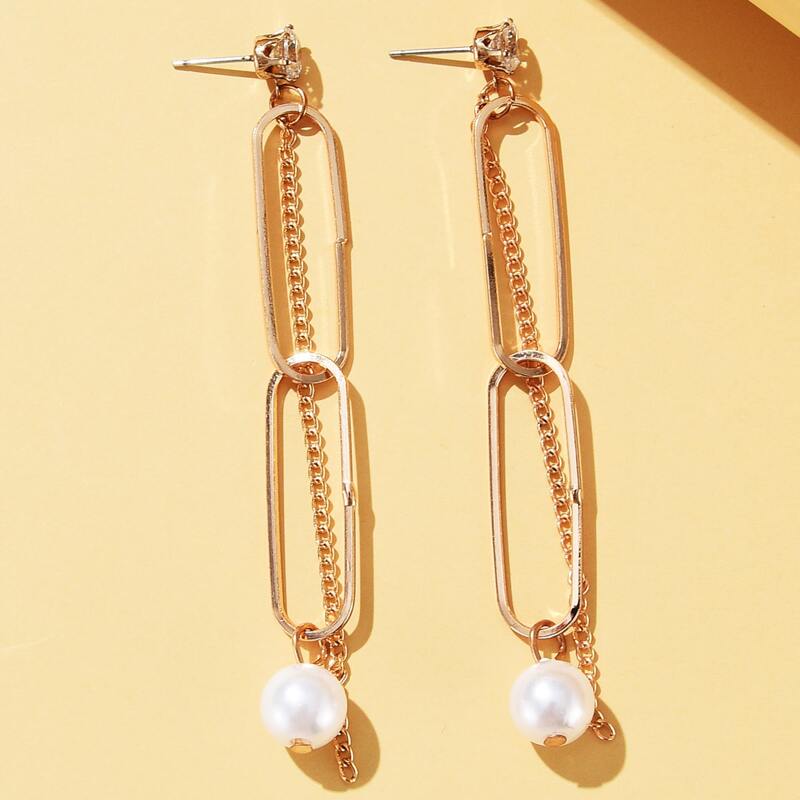 

Faux Pearl & Chain Drop Earrings, Gold