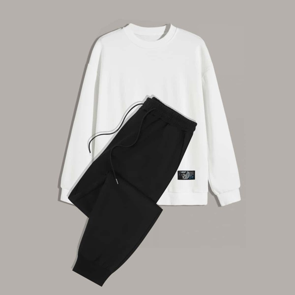 

Men Patched Drop Shoulder Sweatshirt & Sweatpants, Black and white