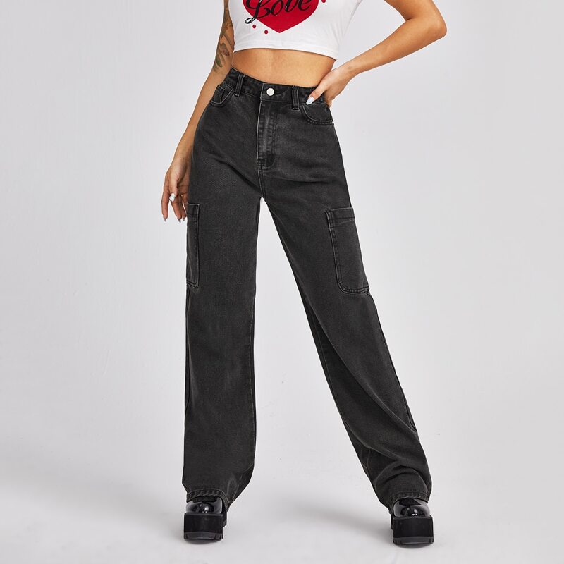 High Waist Pocket Patched Wide Leg Jeans, Dark grey