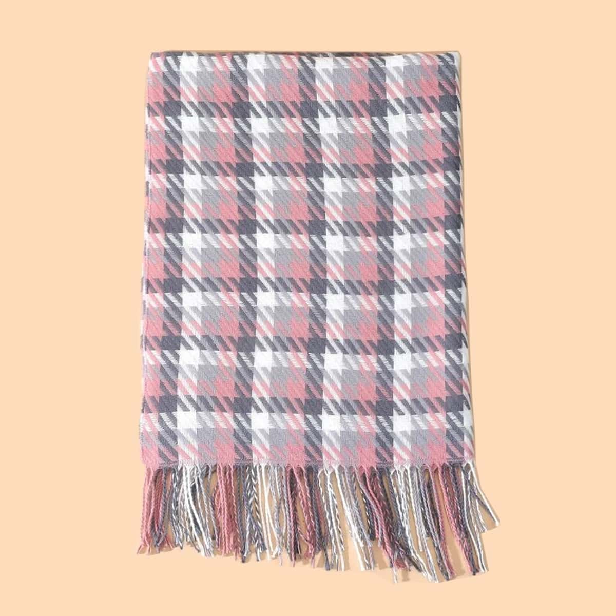 

Striped & Plaid Tassel Trim Scarf, Multicolor