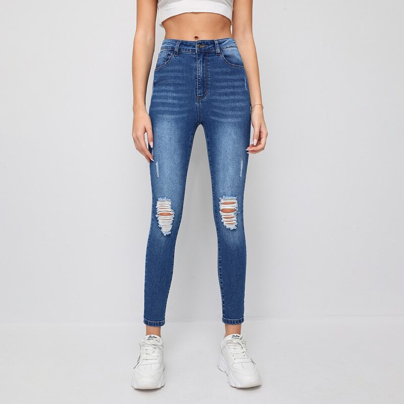 

High Stretch Ripped Skinny Jeans, Medium wash