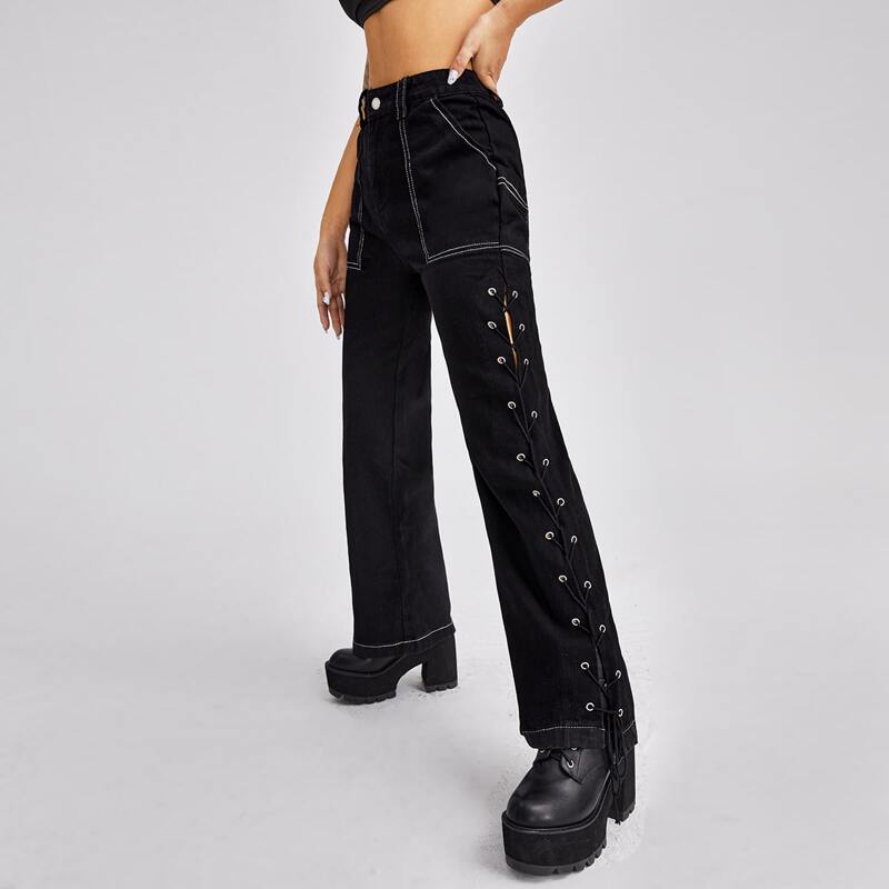 

Grommet Lace-up Topstitching Wide Leg Jeans, Black