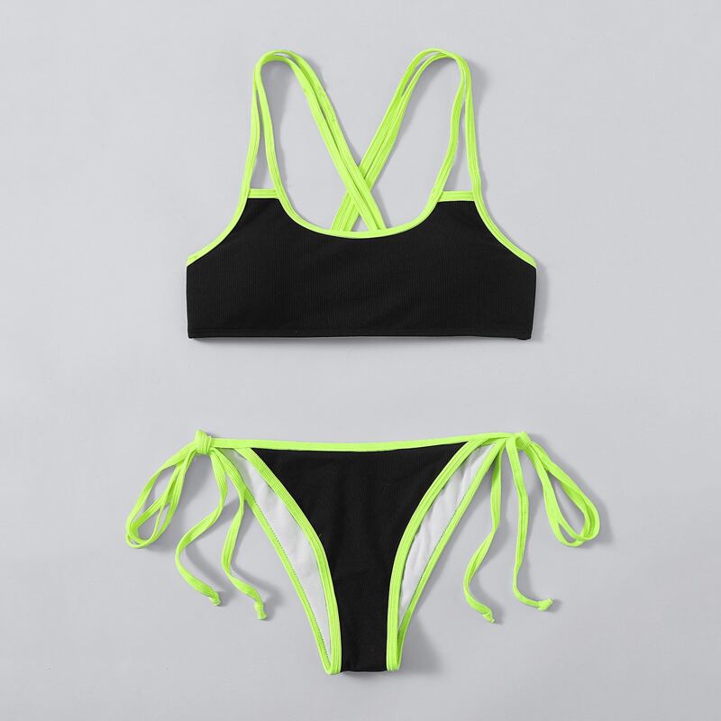 

Contrast Binding Crisscross Back Bikini Swimsuit, Multicolor