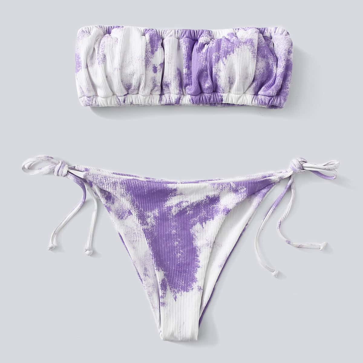 

Tie Dye Bandeau Tie Side Bikini Swimsuit, Multicolor