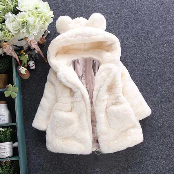 

Toddler Girls Faux Fur 3D Ear Design Hooded Coat, Beige