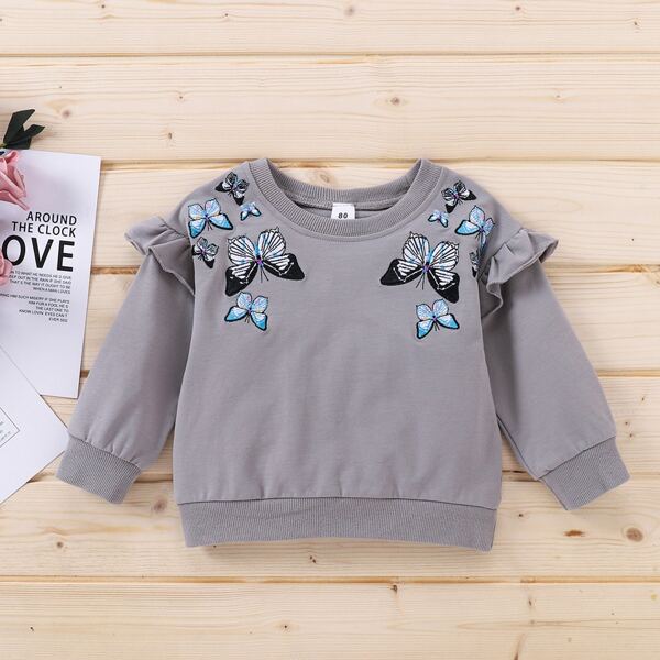 

Toddler Girls Butterfly Print Ruffle Trim Sweatshirt, Grey