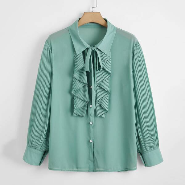 

Plus Tie Neck Ruffle Trim Blouse, Mint green