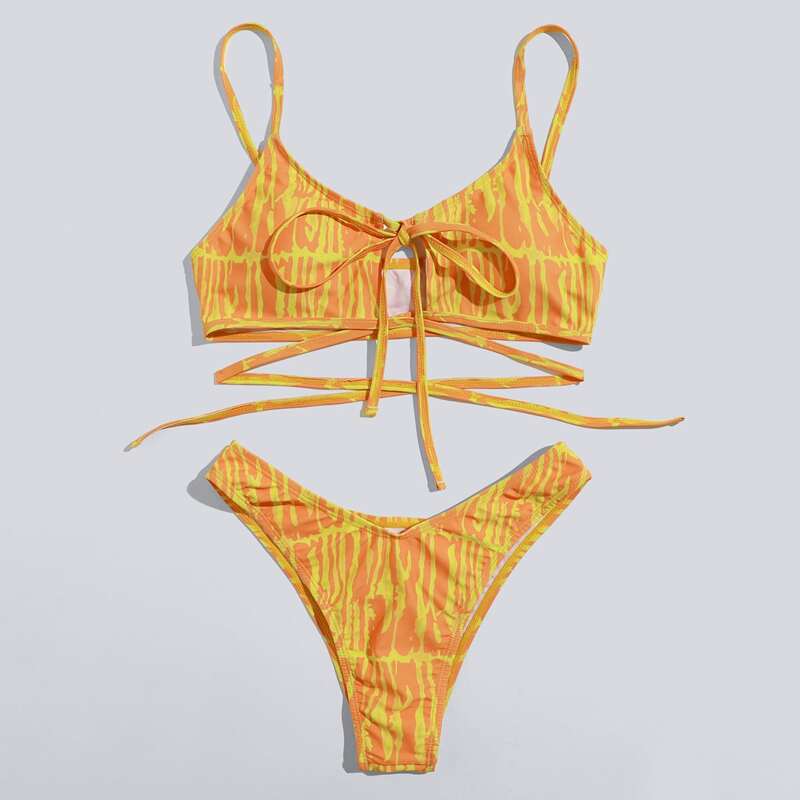 

Stripe Tie Front High Leg Bikini Swimsuit, Mustard yellow
