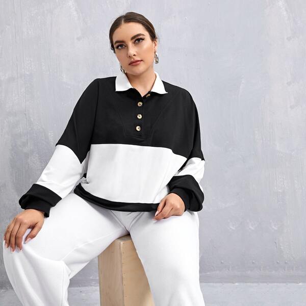 

Plus Two Tone Polo Sweatshirt, Black and white