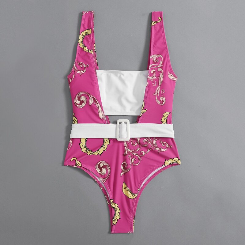 

Scroll Print Belted Suspender Bikini Swimsuit, Multicolor