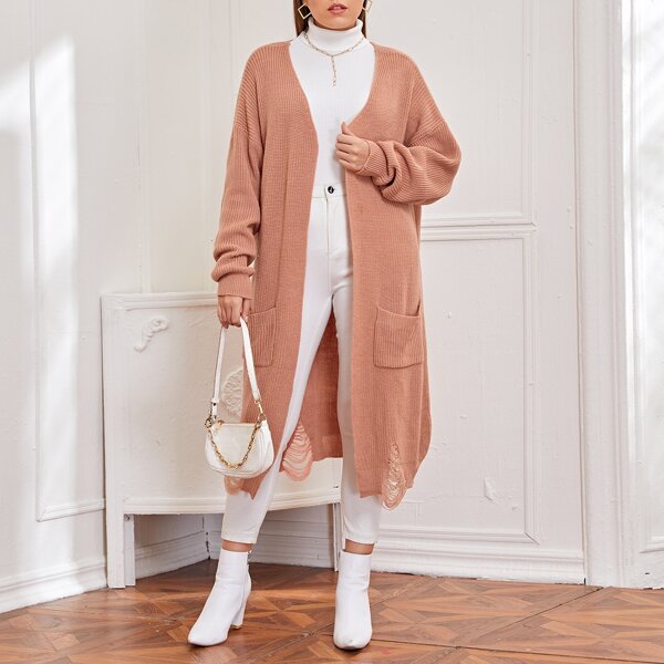 

Plus Drop Shoulder Pocket Front Distressed Cardigan, Coral orange