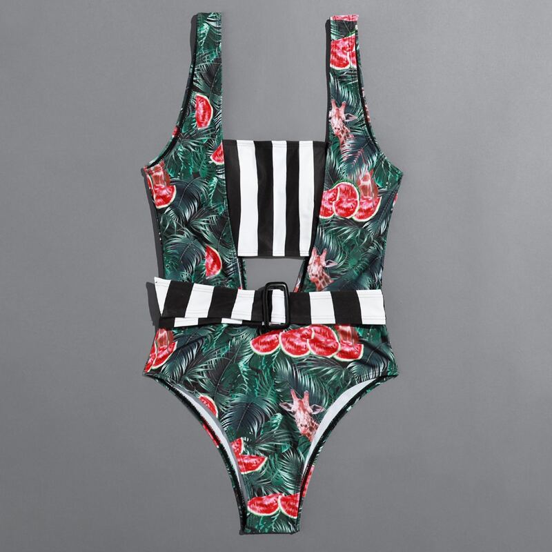 

Tropical & Stripe Print Belted Suspender Bikini Swimsuit, Multicolor