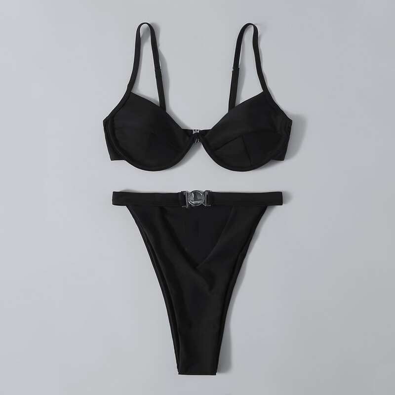 

Solid Underwire High Leg Bikini Swimsuit, Black