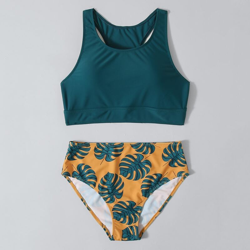 

Leaf Print High Waist Bikini Swimsuit, Multicolor