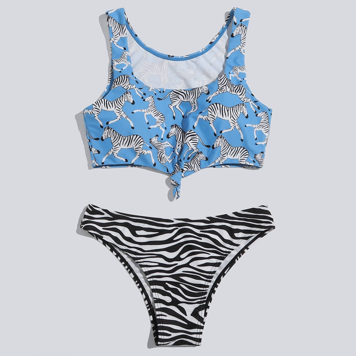 

Zebra Print Knit Detail Bikini Swimsuit, Multicolor
