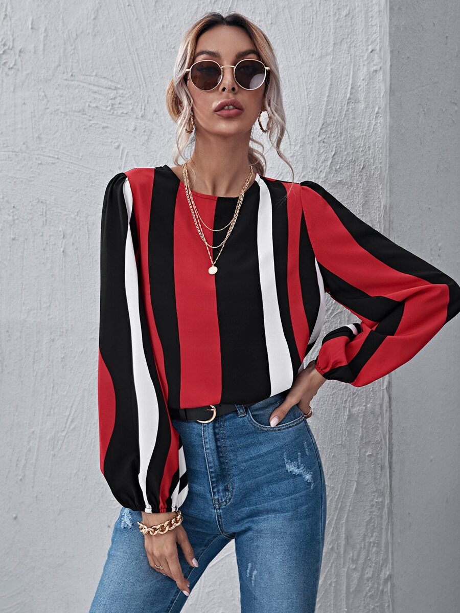 SHEIN Clasi 燈籠袖拼色上衣 - 彩色 - 查看 1