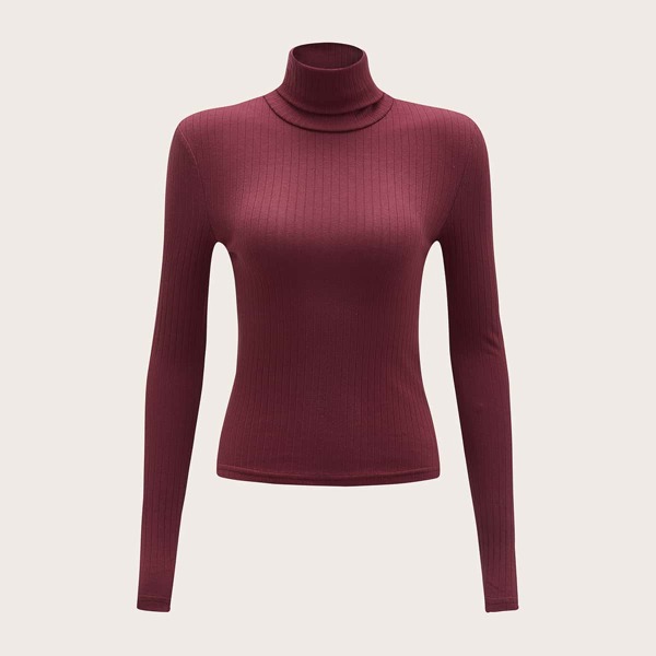 

Turtle Neck Rib-knit Top, Maroon