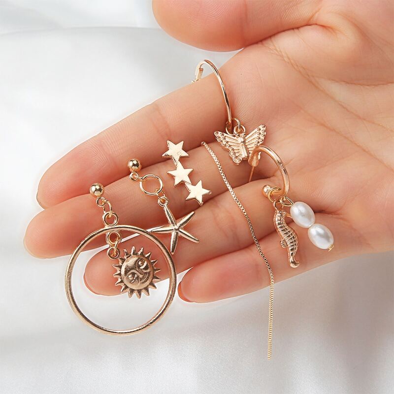 

6pcs Sun & Star Earring Set, Gold