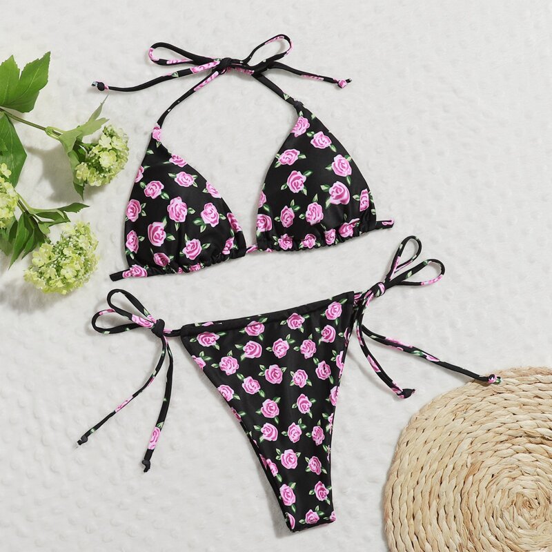 

Floral Triangle Tie Side Bikini Swimsuit, Multicolor