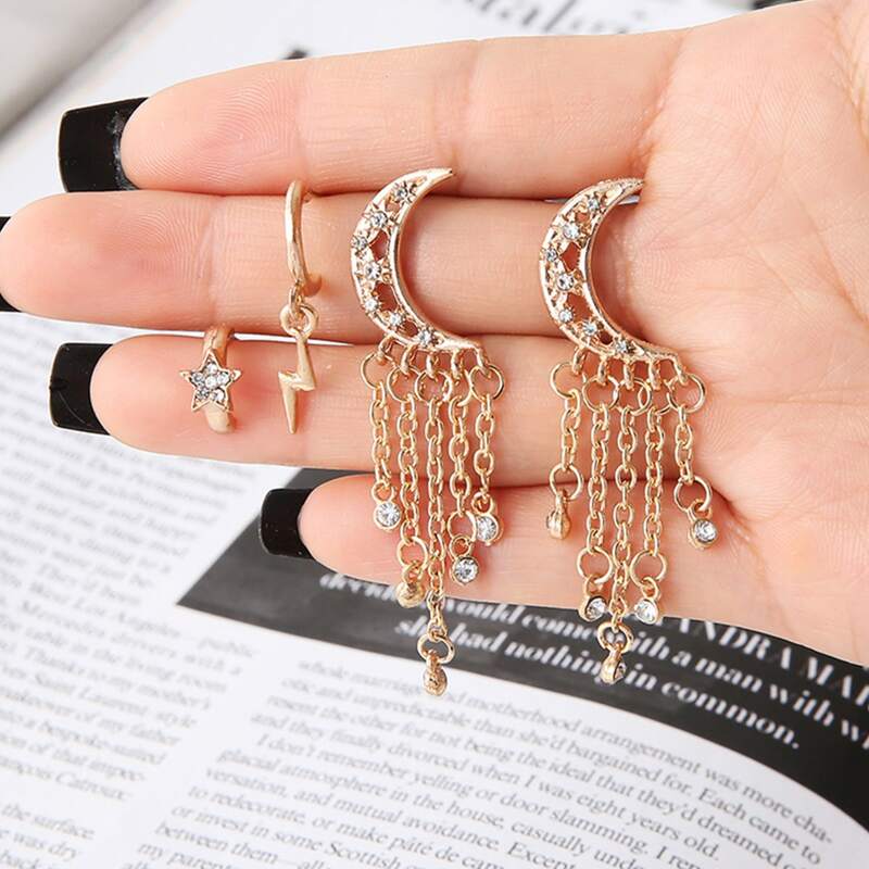 

4pcs Rhinestone Moon Tassel Earring Set, Gold