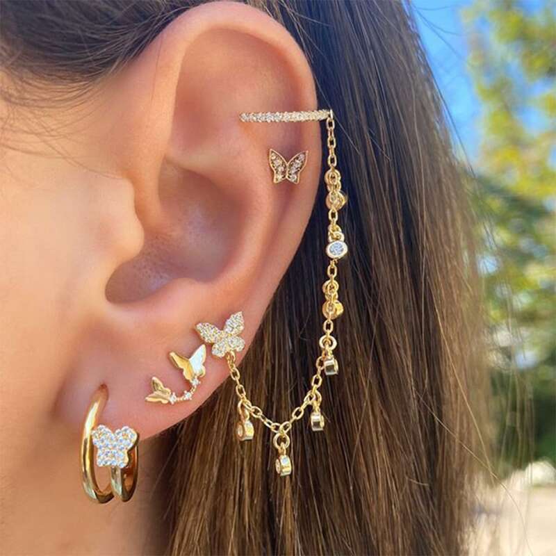 

4pcs Rhinestone Butterfly Earring Set, Gold