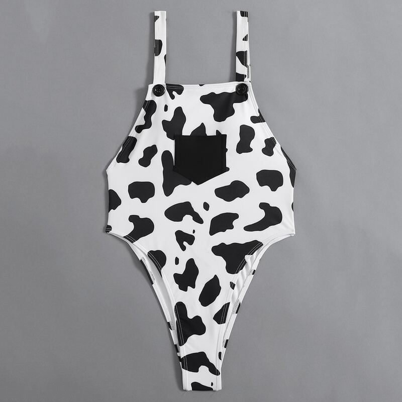 

Cow Print High Leg One Piece Swimsuit, Black and white