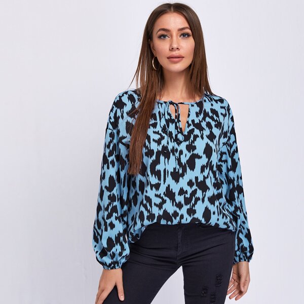 

Tie Neck Lantern Sleeve Top, Multicolor