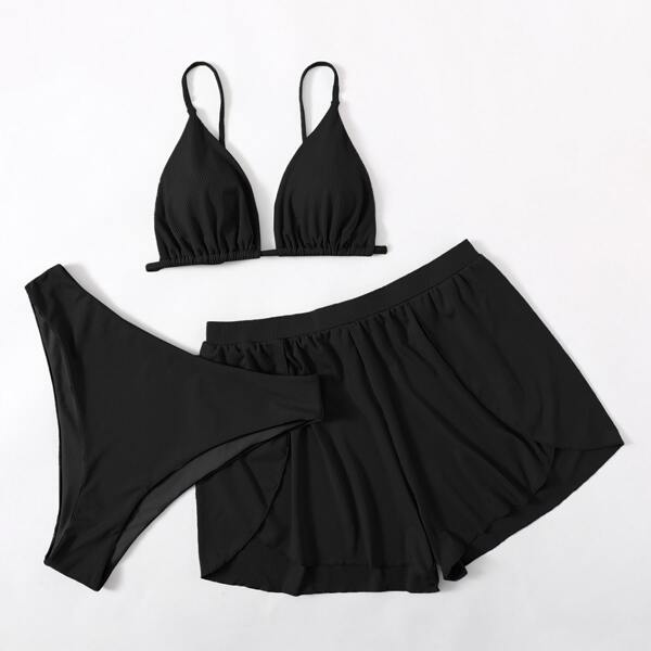

3pack Plus Rib Triangle Shorts Bikini Swimsuit, Black